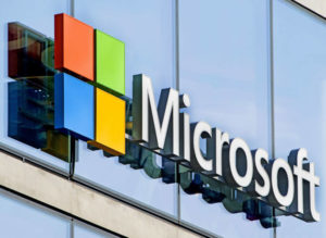 Microsoft logo company on the window facade of the new Microsoft headquarter.