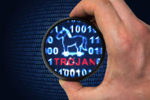 Security concept, antivirus found trojan malware thread when scanning binary code.