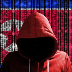 Hacker in a dark red hoody in front of a digital korean flag