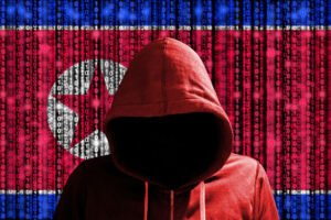 Hacker in a dark red hoody in front of a digital korean flag