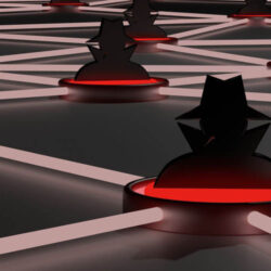 Insecure network with several red platforms connected through glowing data lines and a black hat hacker symbol 3D illustration cybersecurity concept