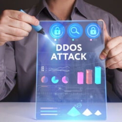 man working on a virtual screen of the future and sees the inscription: Ddos attack