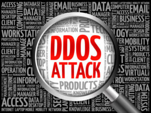 DDOS Attack word cloud with magnifying glass, business concept 3D illustration