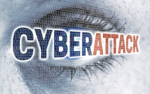 Cyberattack eye with matrix looks at viewer concept.
