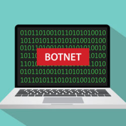 botnet concept illustration with laptop comuputer and text banner on screen with flat style and long shadow