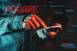 Mobile phone adware concept, low key red and blue lit image and digital glitch effect