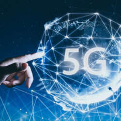 5G network wireless systems and internet of things with man touching Abstract global with wireless communication network on space background .