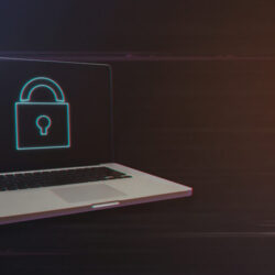 Laptop with Padlock Icon on Light Motion Background and Lens Flare - Digital 3d Effect Style Color