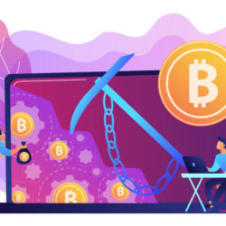 Scammer in mask stealing cryptocurrency from mining pool on laptop. Hidden mining, miner bot and mining virus concept on white background. Bright vibrant violet vector isolated illustration