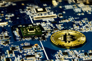 A little miner is digging for bitcoin with graphic card. Concept of Bitcoin Mining. Golden Bitcoin on the microchip board