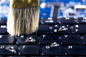 Brush cleans computer of the virus.Insect-virus on the keyboard and brush for cleaning computer.