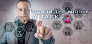 Experienced cryptographic analyst is identifying a MAN-IN-THE-MIDDLE ATTACK. Information technology concept for computer network security and active eavesdropping via unencrypted Wi-Fi access