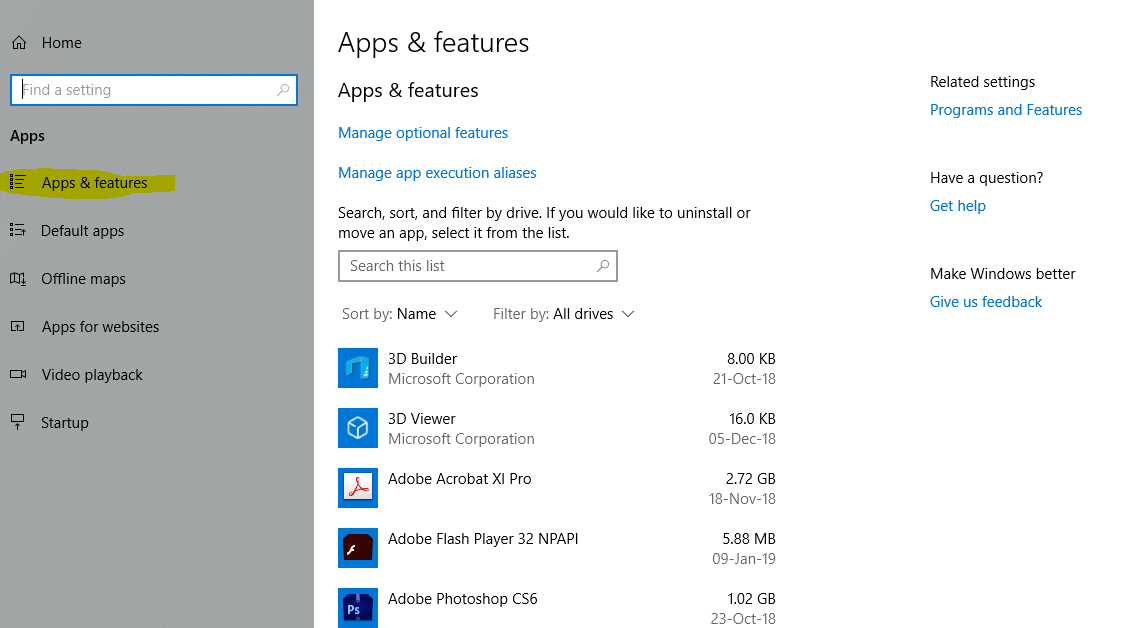 Apps and Features windows settings screenshot. 