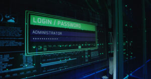Close up shot of a computer login screen in a modern data center