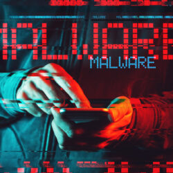 Malware concept with male person using smartphone, low key red and blue lit image and digital glitch effect