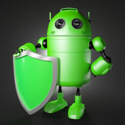 Android guard with shield. Technology protection cocept