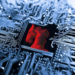 Trojan horse symbol of a red trojan horse on blue computer circuit board background (1)